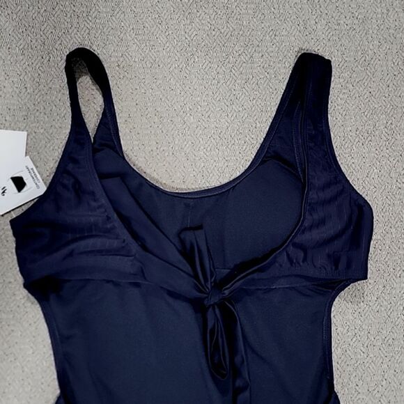 Nine West Solid Navy Blue Ribbed Tie Back One Piece Swimsuit- Size Medium - Picture 14 of 15